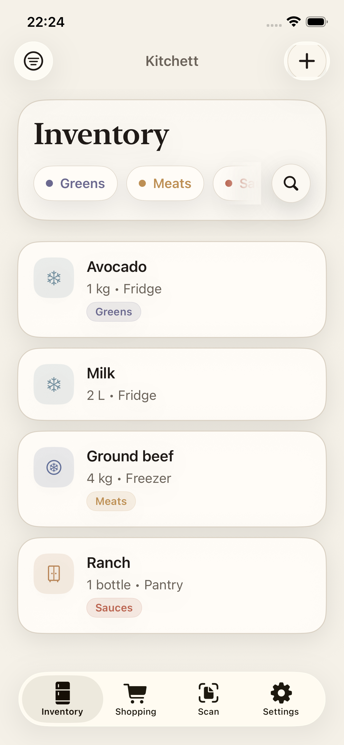 Kitchett inventory screen